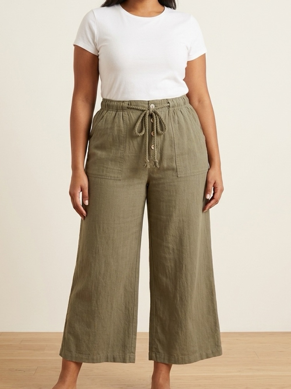 Umgee Olive Drawstring Wide-Leg Chinos Small